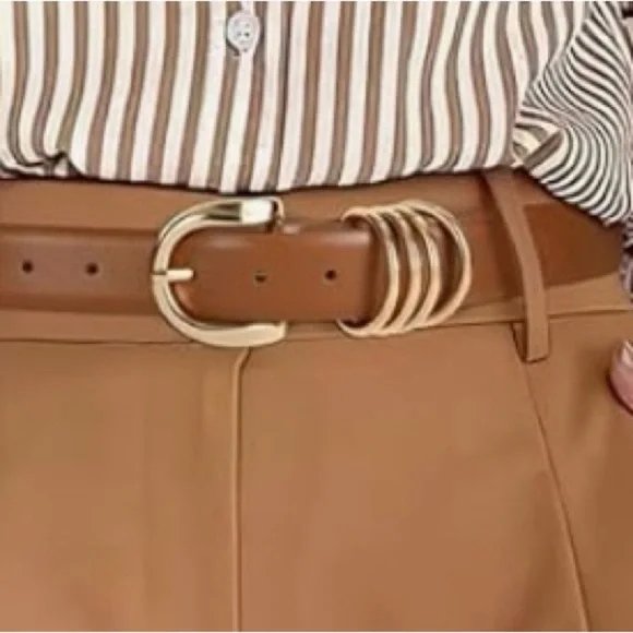 Elegant Brown and Black Leather Belt set with Gold Buckle - Picture 2 of 4